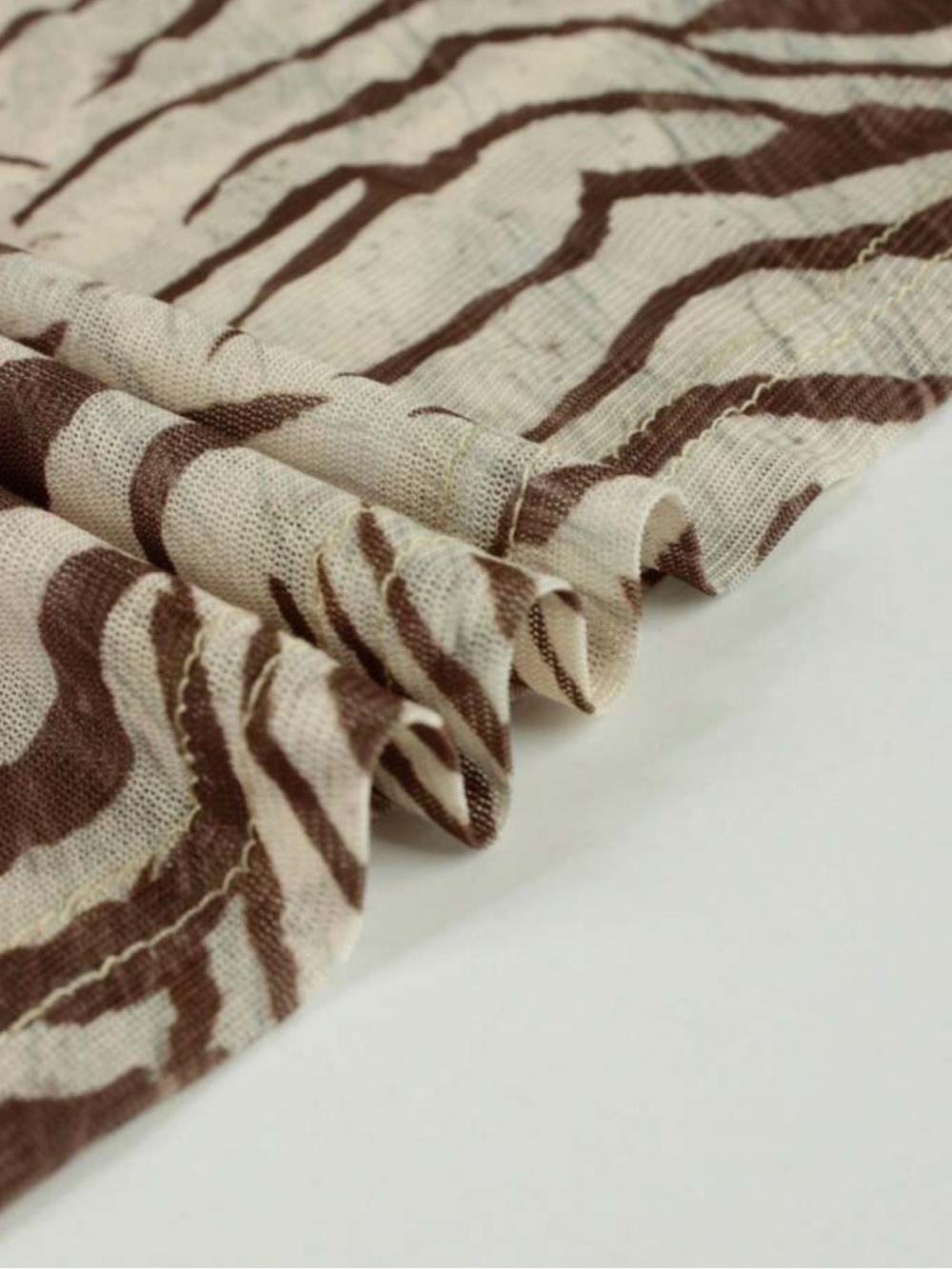Sheer Tiger-Print Y2K Mesh Stretchy Long-Sleeve Top - Taupe/Beige - Picture 8 of 10